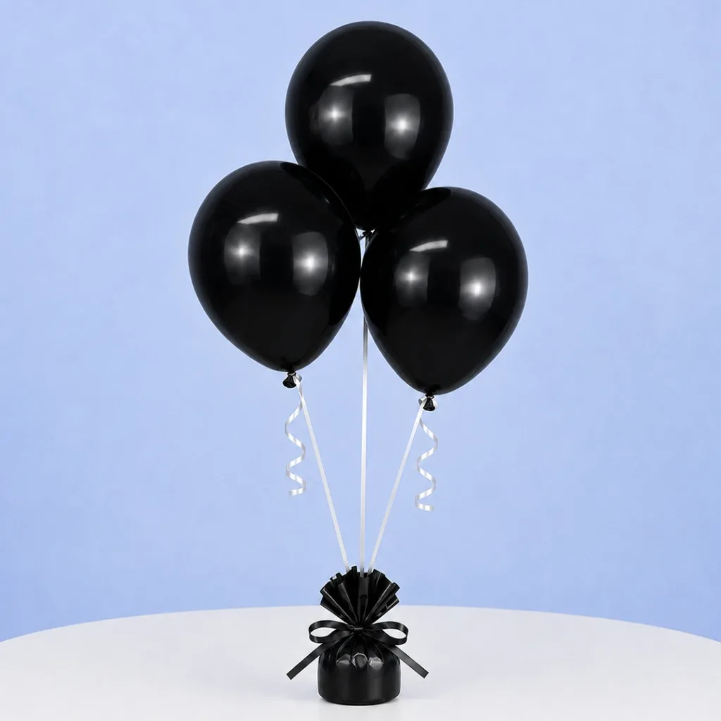 A cluster of black balloons, symbolizing sophistication and somberness, suitable for various occasions.