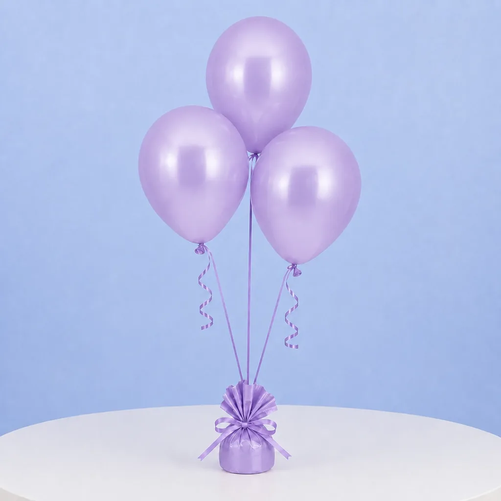 Set of 3 purple balloons with sticks and cups, ideal for elegant decorations at birthdays and special occasions.