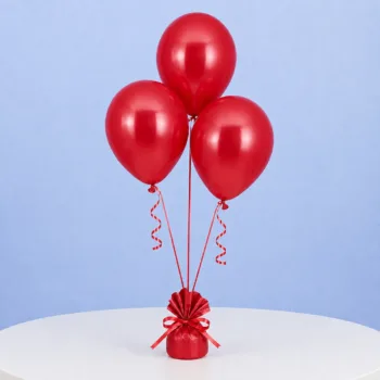 Three red balloons on sticks with cups, ideal for vibrant decorations at celebrations or events.
