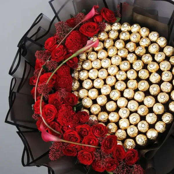 Ferrero Bouquet with Red Flowers-2 Ferrero Bouquet with Red Flowers by Black Tulip Flowers