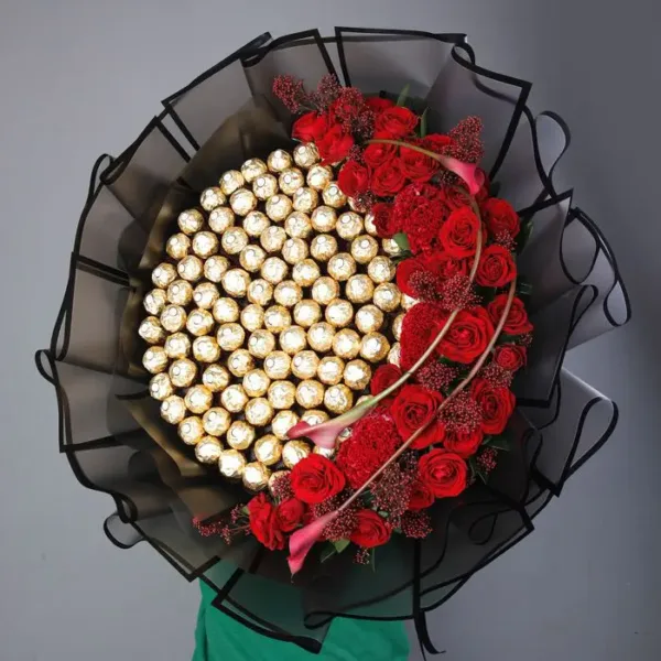 Ferrero Bouquet with Red Flowers Ferrero Bouquet with Red Flowers by Black Tulip Flowers