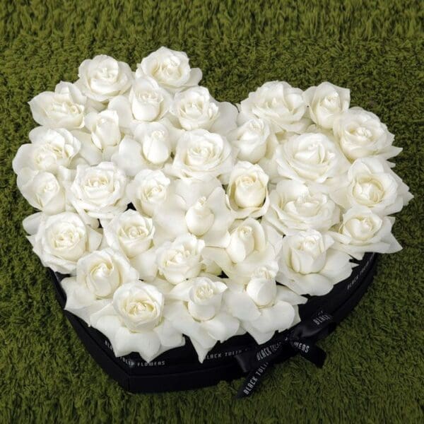 Perfect White Roses in Heart Shaped Box-1 Perfect White Roses in Heart Shaped Box by Black Tulip Flowers