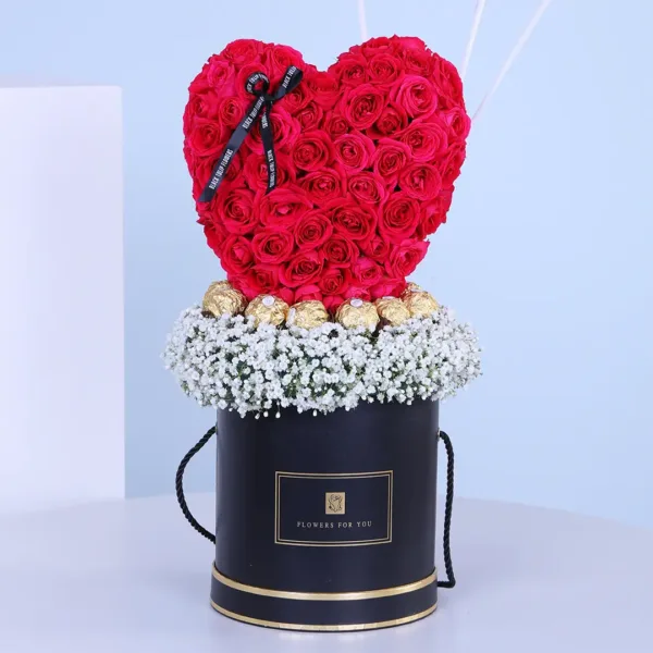 Box of Presenting Heart with Balloons1 Heart Shape Roses Arrangement with Balloons