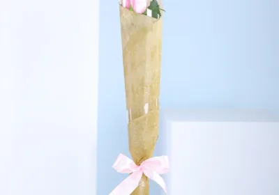 A single pink rose elegantly wrapped in delicate paper, showcasing its soft petals and green stem.