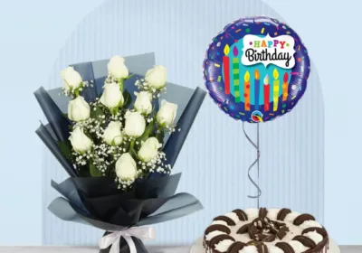 white roses bouquet with Oreo cake