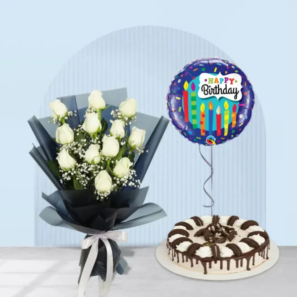 2-9-1080x1080 white roses bouquet with Oreo cake