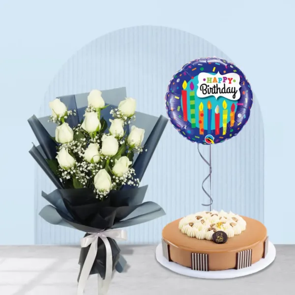 3-10-1080x1080 white roses bouquet with mocha bean cake