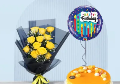 Yellow Designer Bouquet Roses with Cake