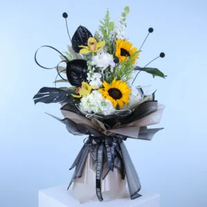 The image shows a vibrant and modern bouquet featuring a variety of flowers. Here's a breakdown of the elements
