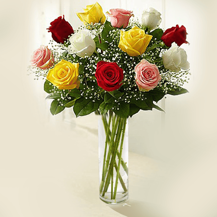 A dozen roses in various colors, including red, yellow, pink, and white, arranged with baby's breath in a clear glass vase.