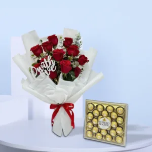 A bouquet of red roses with a "With Love" message pick, alongside a box of Ferrero Rocher chocolates