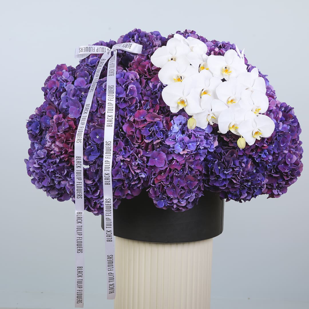 The dominant flowers are Hydrangea, specifically Hydrangea macrophylla. They are present in shades of purple and some hints of pink, forming a dense, rounded shape.
