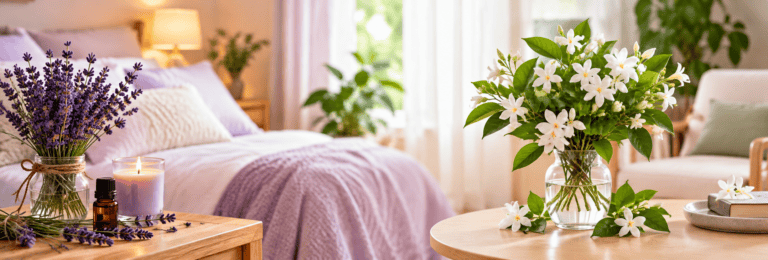 Calming home environment with fresh flowers creating a peaceful and relaxing atmosphere.