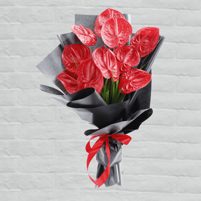 a bouquet of red Anthurium flowers. These flowers are characterized by their glossy, heart-shaped spathes and a spadix in the center.