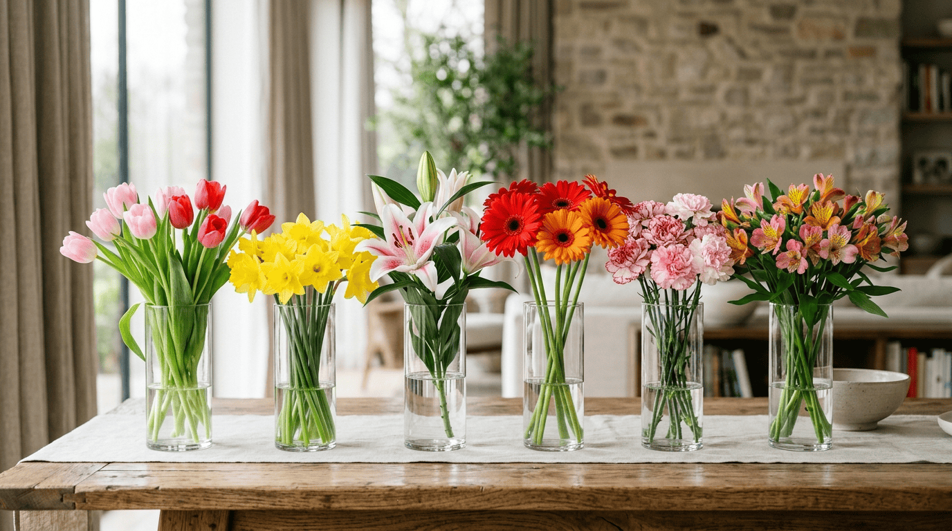 Fresh spring flowers including tulips, carnations, and alstroemeria in a stylish bouquet, showcasing seasonal charm