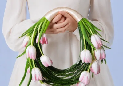 Blush Tulip Bridal Bouquet featuring 15 light pink tulips with steel grass accents arranged in a minimalist bridal design