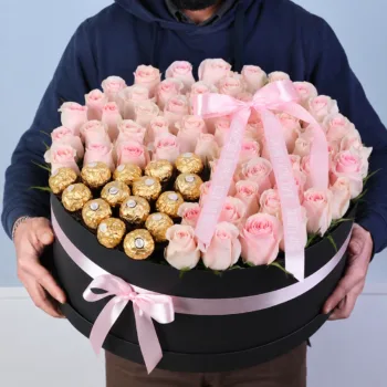 Light Pink Rose Chocolate Box featuring 60 light pink roses paired with 15 Ferrero Rocher chocolates arranged in an elegant celebration gift box