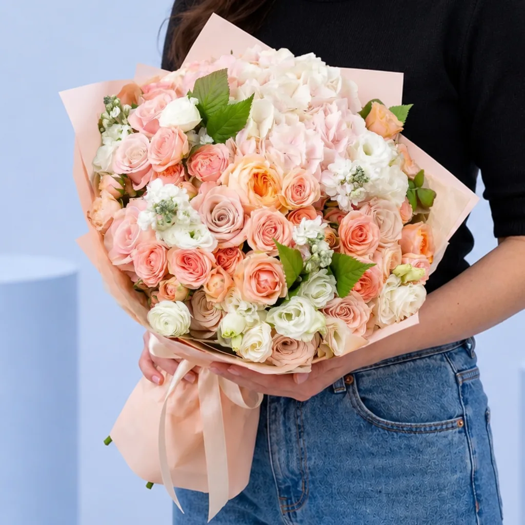 Peach Pink Harmony Bouquet featuring peach roses, light pink roses, hydrangea, lisianthus, and matthiola arranged in a soft pastel floral design