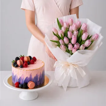 Pink Tulips Cake Combo featuring 20 pink tulips paired with a 1kg purple berry cake for gifting and celebrations