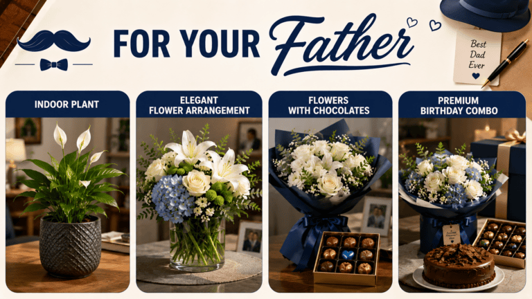 Birthday gift ideas for your father featuring indoor plants, elegant flower arrangements, chocolates, and premium gift combos.