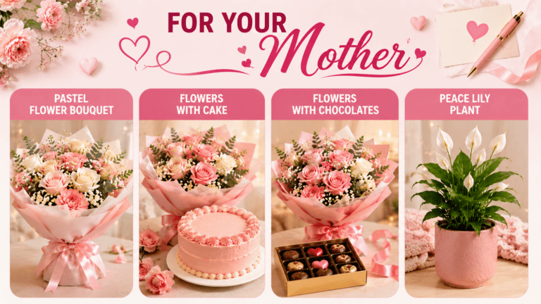 Birthday gift ideas for your mother featuring pastel flower bouquets, flowers with cake, chocolates, and a peace lily plant.
