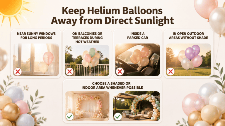 Helium balloons kept away from direct sunlight to prevent heat damage and deflation.