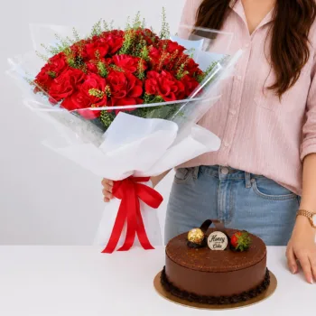Red Roses Bouquet & Ferrero Cake featuring 20 fresh red roses with greenery and a rich 1kg Ferrero Rocher chocolate cake for gifting and celebrations in Qatar.
