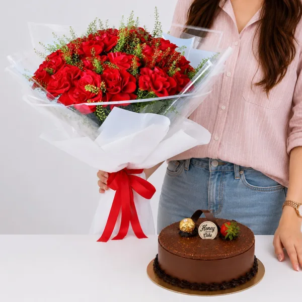red-roses-bouquet-ferrero-cake Red Roses Bouquet & Ferrero Cake featuring 20 fresh red roses with greenery and a rich 1kg Ferrero Rocher chocolate cake for gifting and celebrations in Qatar.