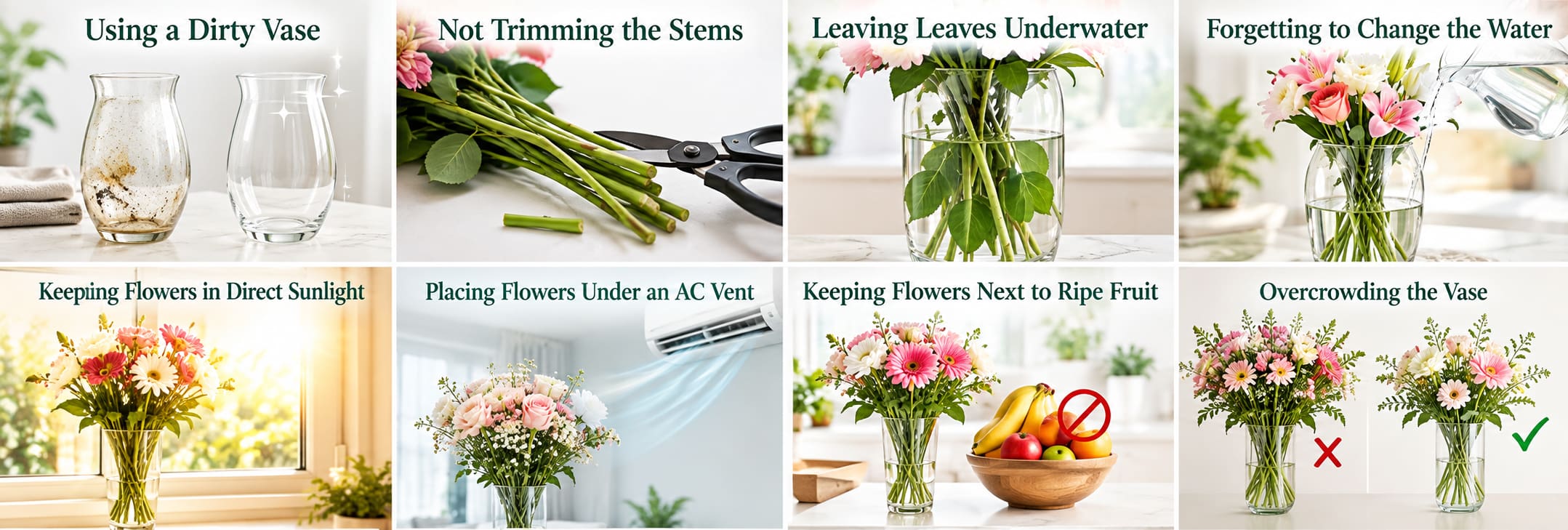 Common mistakes that make cut flowers wilt faster, including dirty vase water, untrimmed stems, heat, and direct sunlight.