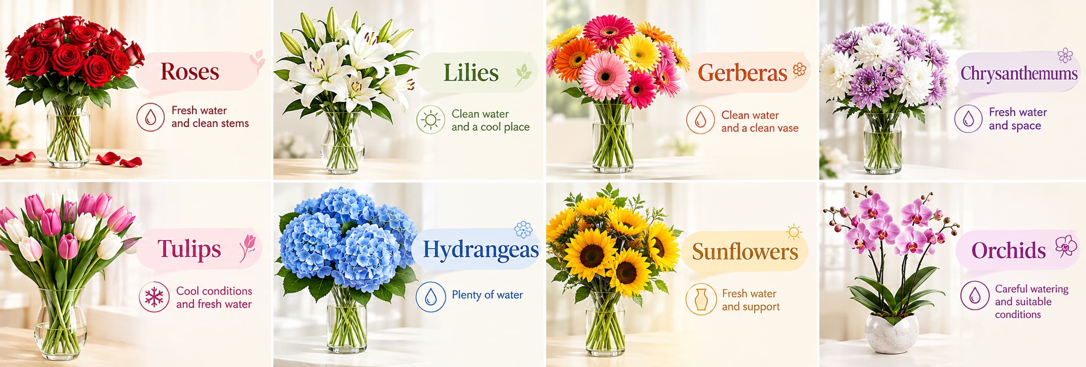 How to keep different types of cut flowers fresh for longer with proper vase water, stem trimming, and care.