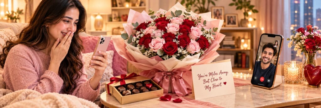 Romantic Valentine’s Day flower bouquet delivered as a thoughtful gift to express love and affection across long distances.