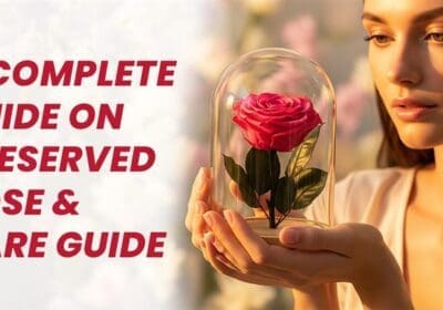 Preserved rose displayed in a glass dome with care tools, illustrating a complete care guide.