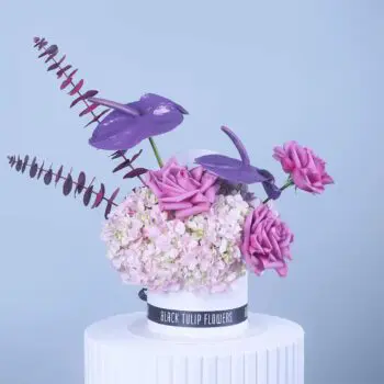 Bouquet with pink hydrangea, purple anthurium, lavender roses and eucalyptus in a luxury white flower box.