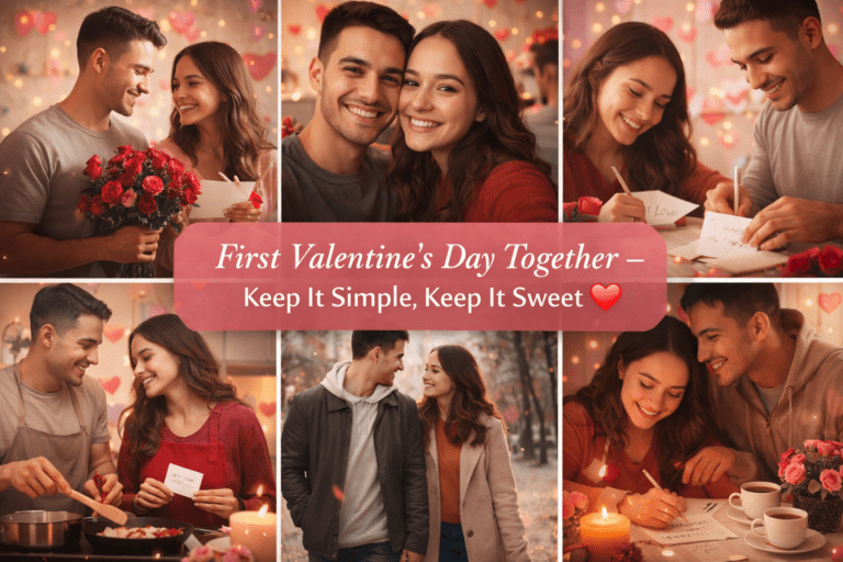 A romantic collage showing a couple celebrating their first Valentine’s Day together — exchanging flowers, cooking, walking outdoors, writing love notes, and smiling warmly — with a message in the center that reads “First Valentine’s Day Together – Keep It Simple, Keep It Sweet ❤️.”