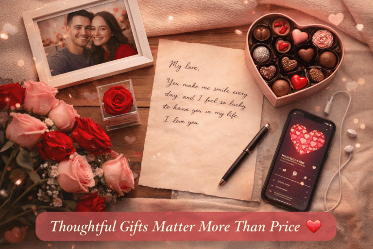 A cozy Valentine’s Day flat lay featuring a framed photo of a couple, a heart-shaped box of chocolates, roses, and a handwritten love note. At the bottom, a red banner emphasizes that "Thoughtful Gifts Matter More Than Price."