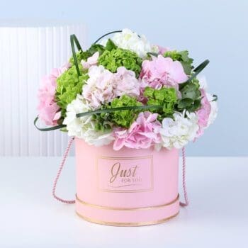 Pastel Hydrangea Elegance Box featuring light pink, green, and white hydrangeas arranged in a pastel pink box for gifting and décor