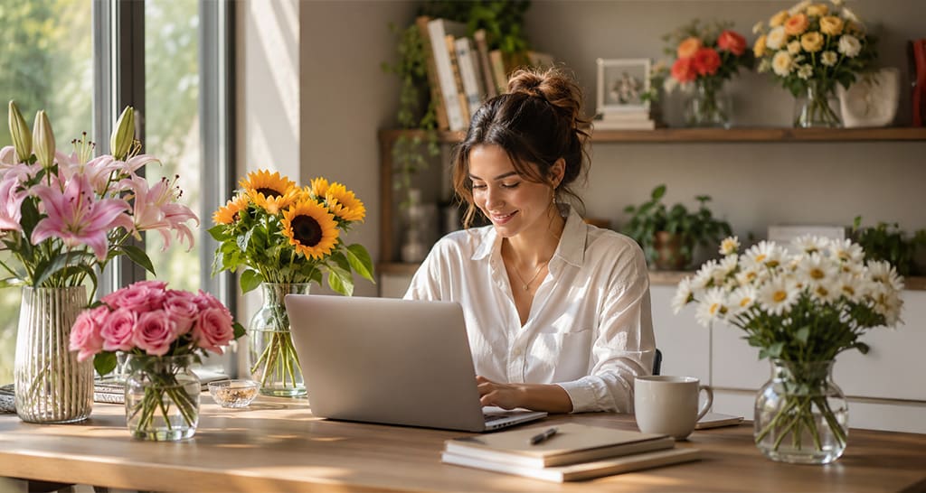 Fresh flowers arranged in a modern workspace, symbolizing how flowers improve mood, reduce stress, boost creativity, and enhance work performance in office environments.
