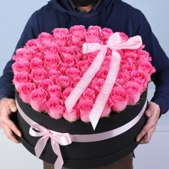 Classic Rose Arrangement Box featuring 70 pink roses arranged in a clean, minimal, and elegant floral box design for gifting and décor