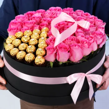Luxury Rose Chocolate Box featuring 60 pink roses paired with 20 Ferrero Rocher chocolates arranged in a premium romantic gift box