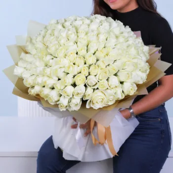 Luxury White Rose Bouquet featuring 100 premium white roses arranged in a grand elegant bouquet for gifting and special occasions