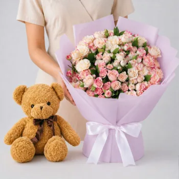 Pink Roses Teddy Combo featuring pink spray roses paired with a 70cm brown teddy bear for romantic gifting and special occasions