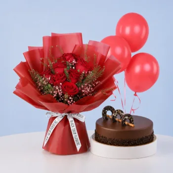 Chocolate Cake Rose Bouquet Combo featuring 7 red roses, gypsophila, lepidium, 3 balloons, and a rich chocolate ganache cake for celebrations and gifting.